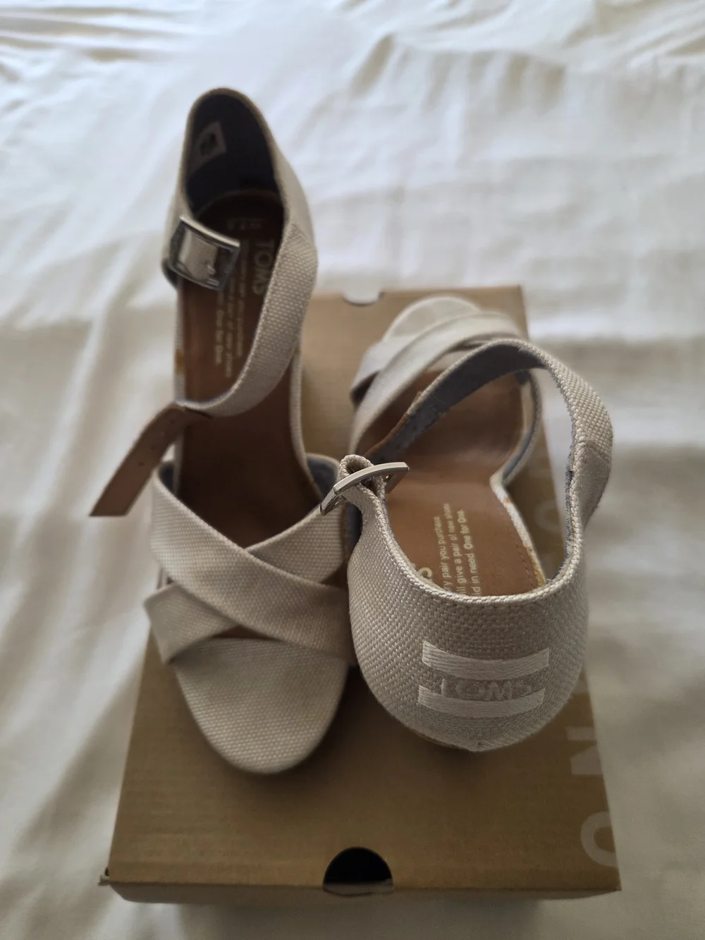 TOMS Women’s Natural Canvas Crisscross Ankle-Strap Cork Wedge Sandal Size 7.5/38